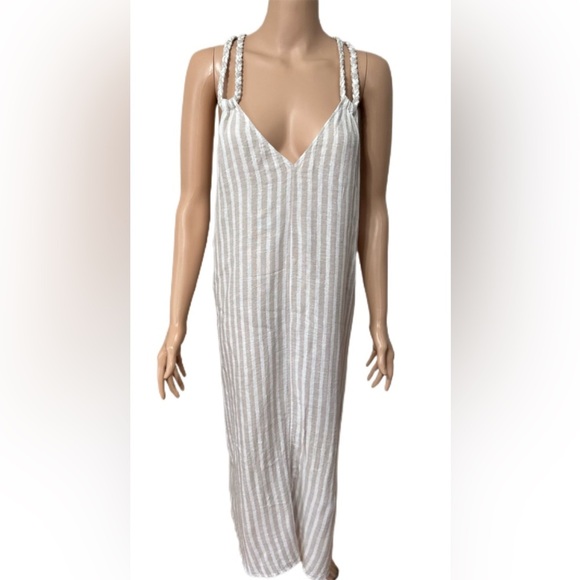 Rachel Ashwell Dress L Boho Striped Maxi Beige White Gold Braided Strap … - Picture 2 of 9